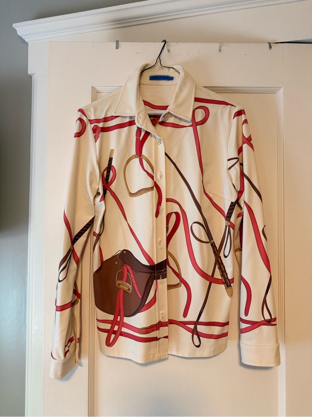 J.McLaughlin Cream Button-Up Blouse with Red & Brown Rope Print